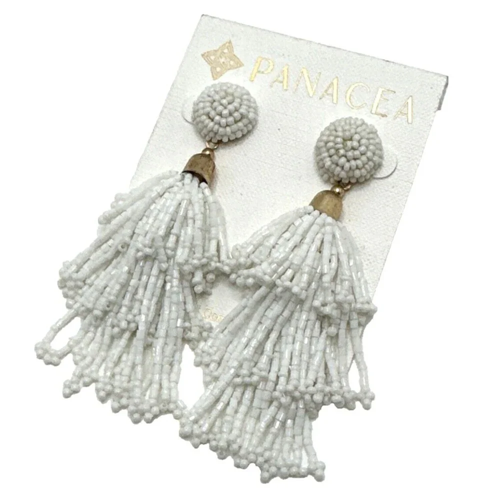 NWT Rachel Zoe Panacea Earrings White Seed Bead Tassel Statement 3” Boho NEW